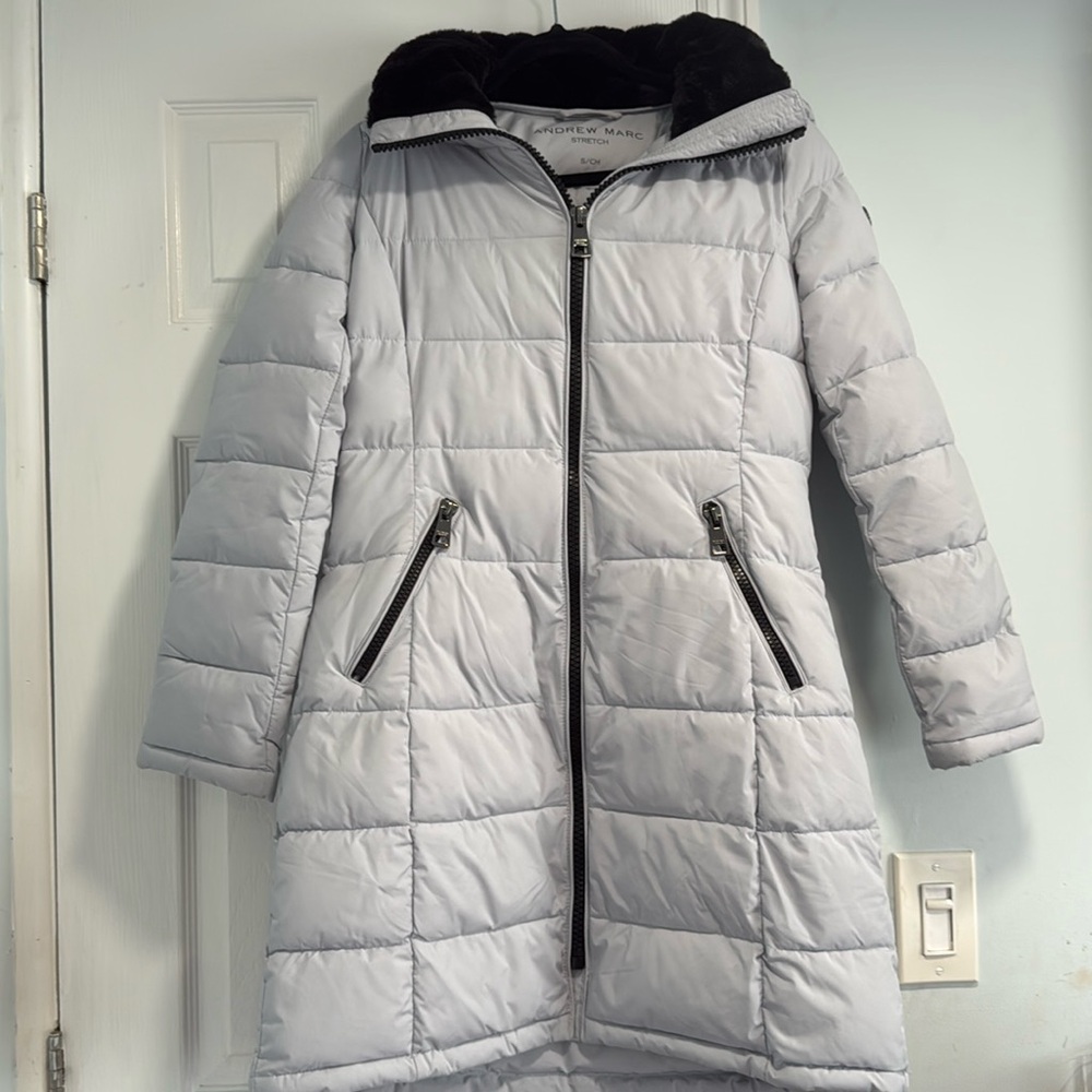 Andrew Marc Ladies Long Stretch Parka Coat fur Lined Hood Jacket Size S